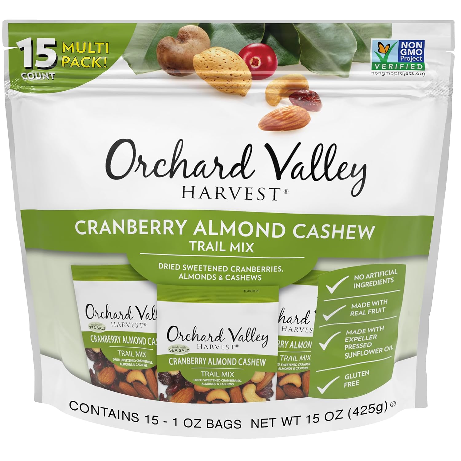 Orchard Valley Harvest Cranberry Almond Cashew Trail Mix, 1oz Bags (Pack of 15), Cranberries, Almonds, Cashews, Trail Mix Individual Packs, Snacks for Adults, No Artificial Ingredients, Bulk Snacks