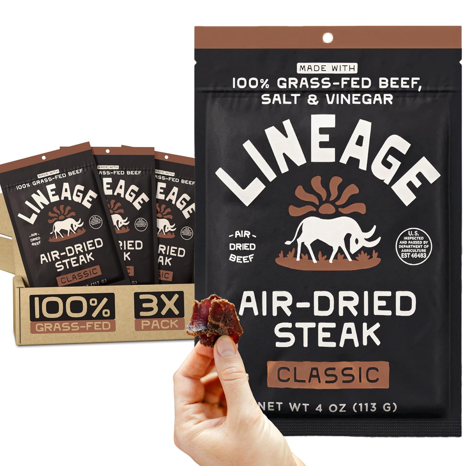 Lineage Provisions 100% Grass Fed Air-Dried Steak - Nutrient-Dense Carnivore Snacks - Tender Beef Jerky Bites - Keto-Friendly Steak Jerky - Zero Sugar, Zero Carbs - High Protein Snack - 3-Pack