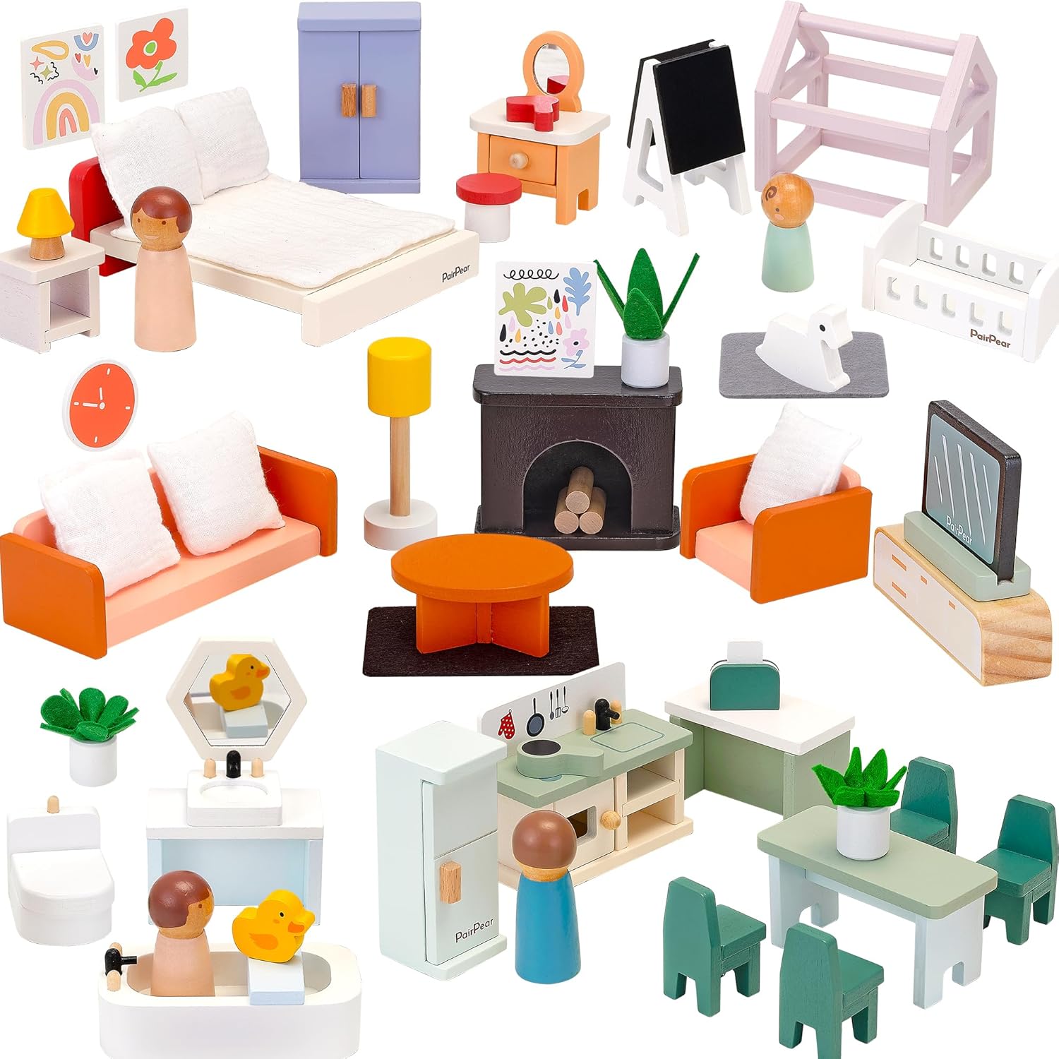 PairPear Wooden Dollhouse Furniture Set,56 Pieces Doll Furnitures with 5 Room Kits Play Fingers,Doll House Miniature Furniture Pretend Play Toys Gift for Toddler Boys and Girls 3Y+