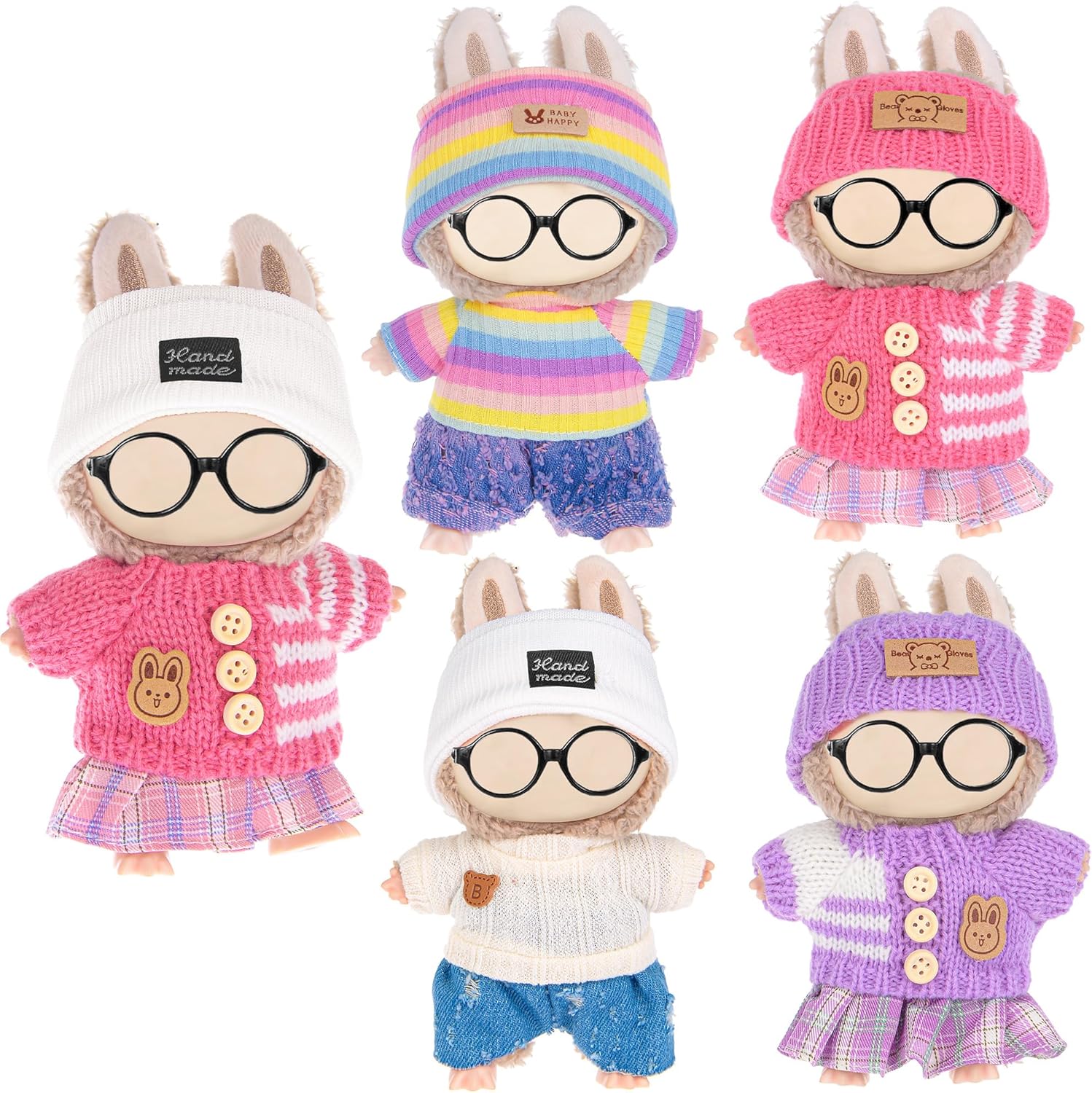 ebuddy 4 Sets Doll Clothes for 17cm Plush Doll-Knit Outfit Set Sweater Collection(Doll and Glasses Not Included) (4 Outfits)