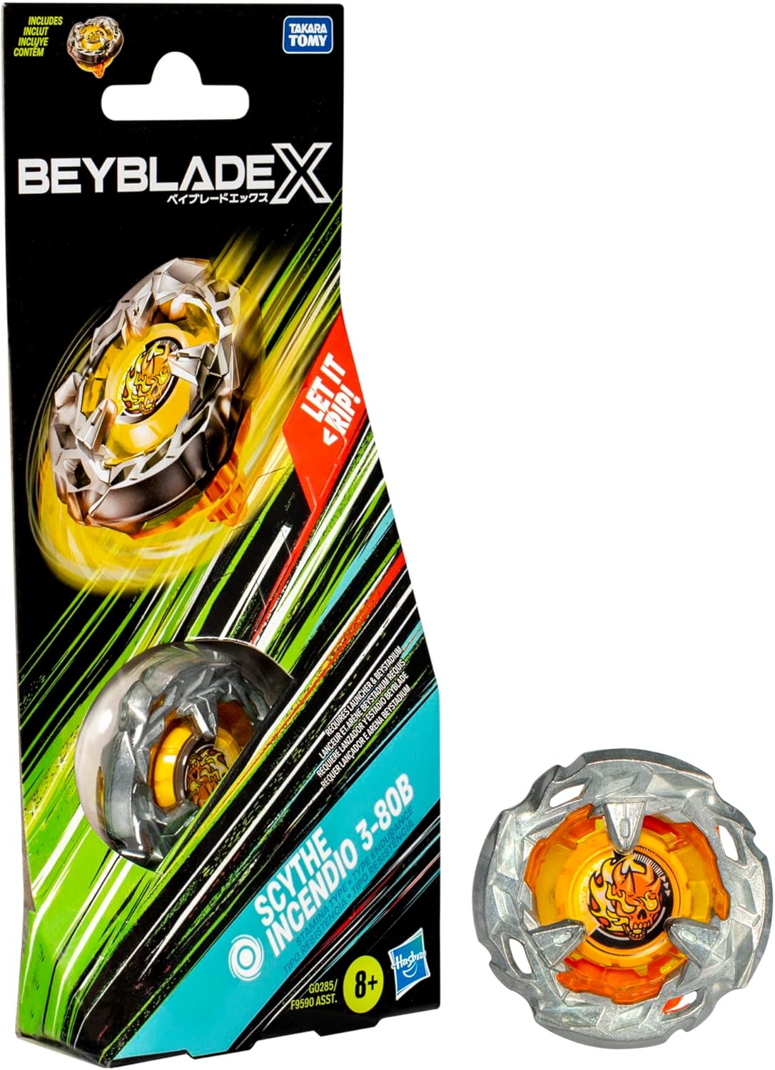 BEY BLADE X Scythe Incendio 3-80B Booster Pack Set with Stamina Type Right-Spinning Top; Battling Top Toys for 8 Year Old Boys and Girls