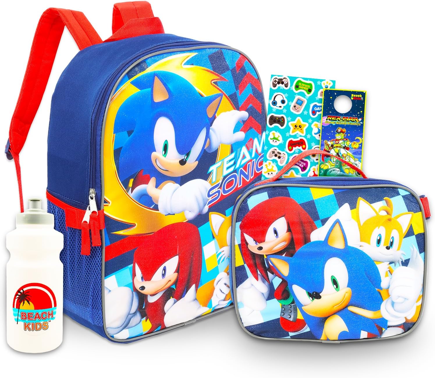 Sonic the Hedgehog Backpack with Lunch Bag Set - 5 Pc Bundle with Sonic Backpack, Sonic Lunch Box, Water Bottle, Stickers, and More | Sonic School Supplies for Kids