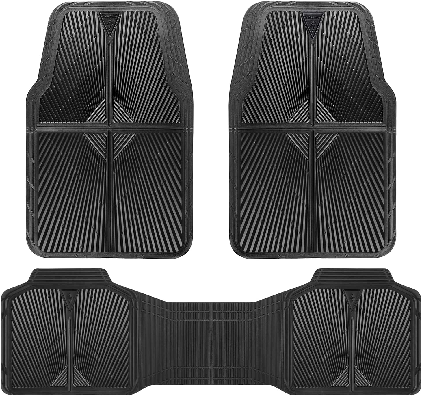 CAR PASS Rubber Floor Mats, All Weather Waterproof Trim-to-Fit Automotive Mats for Cars Trucks SUV, Anti-Slip Easy Clean, Heavy Duty Full Set 3-Piece, All Black