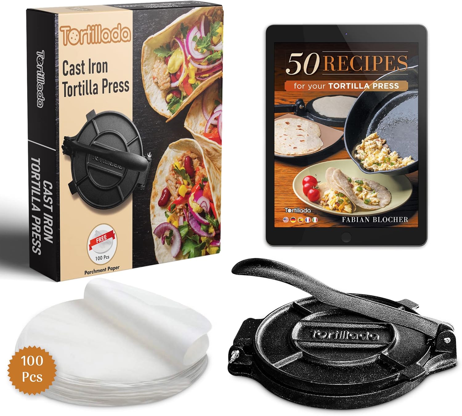 Tortillada – Cast Iron Tortilla Press + Recipes E-Book + 100 x Parchment Paper (20cm)