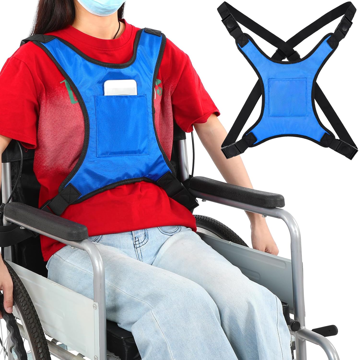 Wheelchair Seat Belt for Adults Wheelchair Chest Harness Safety Strap Seatbelt for Elderly and Disabled Torso Support Vest Restraint Adjustable Straps Prevent Sliding (Blue)