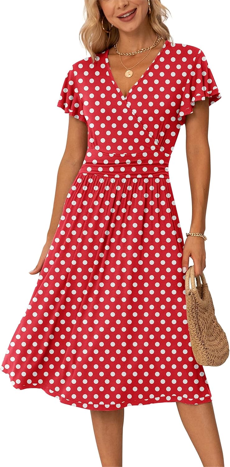 GRECERELLE Womens Summer Wrap Dress Ladies Casual Ruffle Short Sleeve V-Neck Floral Beach Dresses for Women