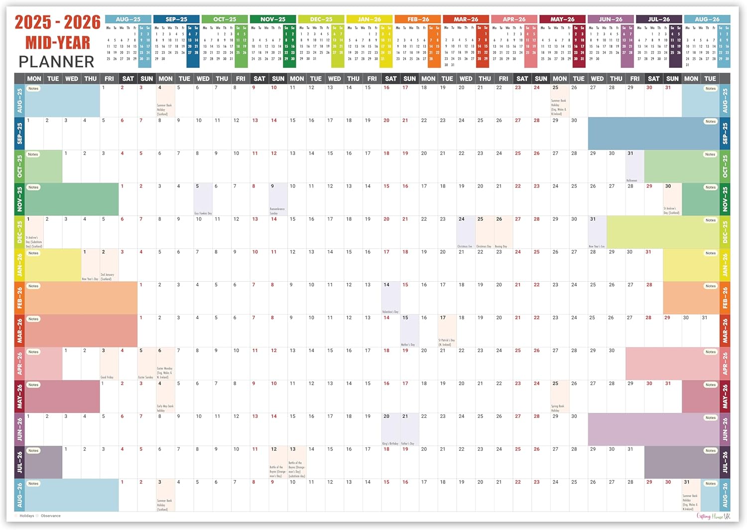 Academic Wall Planner 2025-2026 A2 Laminated – Wall Calendar from August 2025 to August 2026 – (59.4 x 42 cm) – 13 Months Mid Year Wall Planner 25/26 – Marked Holidays – Notes Space – Made in the UK