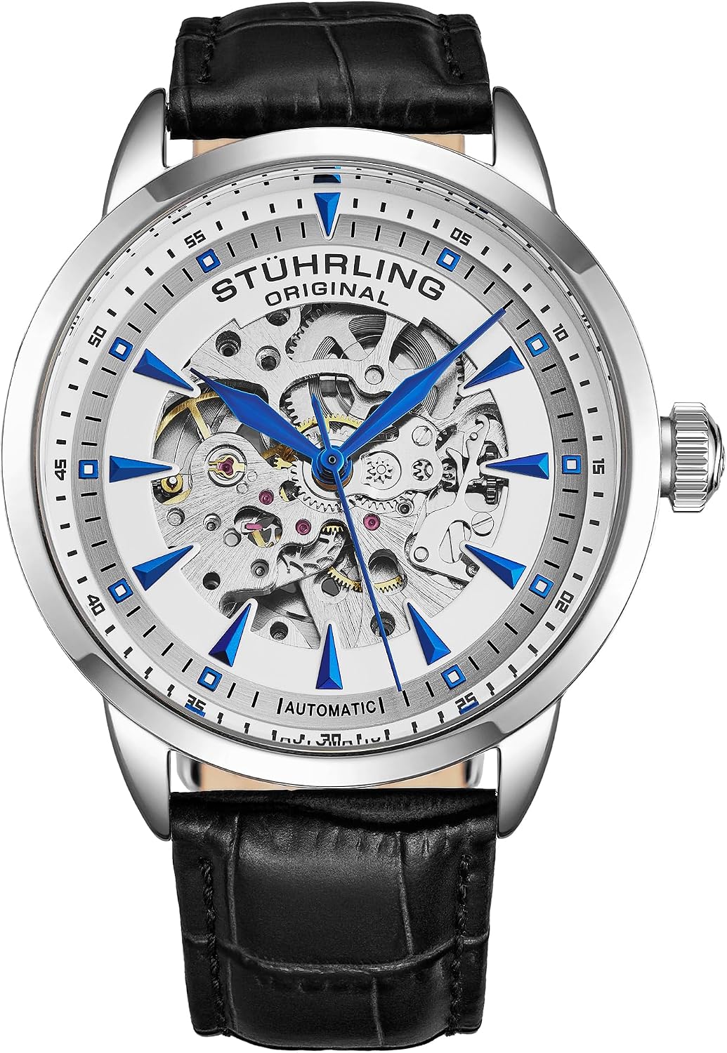 Stuhrling Original Mens Skeleton Automatic Dress Watch with Alligator Embossed Leather Strap Skeleton Dial