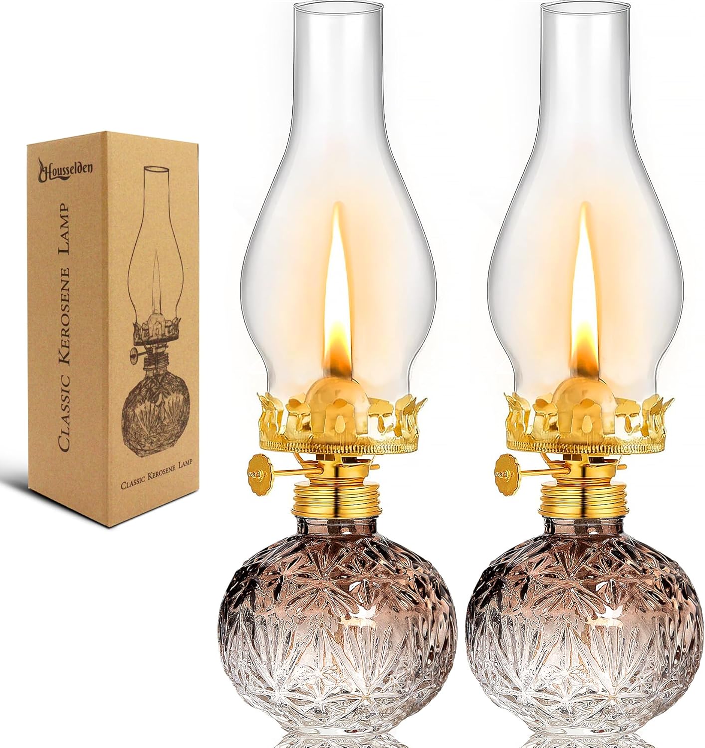 2 Pcs Chamber Oil Lamps for Indoor Use Lantern Kerosene Hurricane Vintage Glass Lamp, Large Classic Decor Lamp for Home Emergency Lighting 11Inch Height (Gradient Brown)