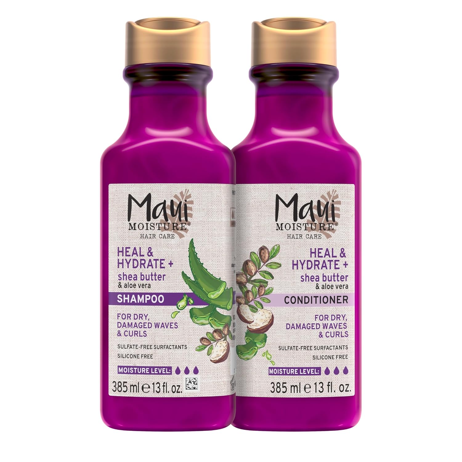 Maui Moisture Heal & Hydrate + Shea Butter Shampoo & Conditioner Bundle, Hair Care Set with Shea Butter & Aloe Vera for Dry, Damaged Waves & Curls, Silicone-Free, Two Pack, 2 x 13 fl. oz