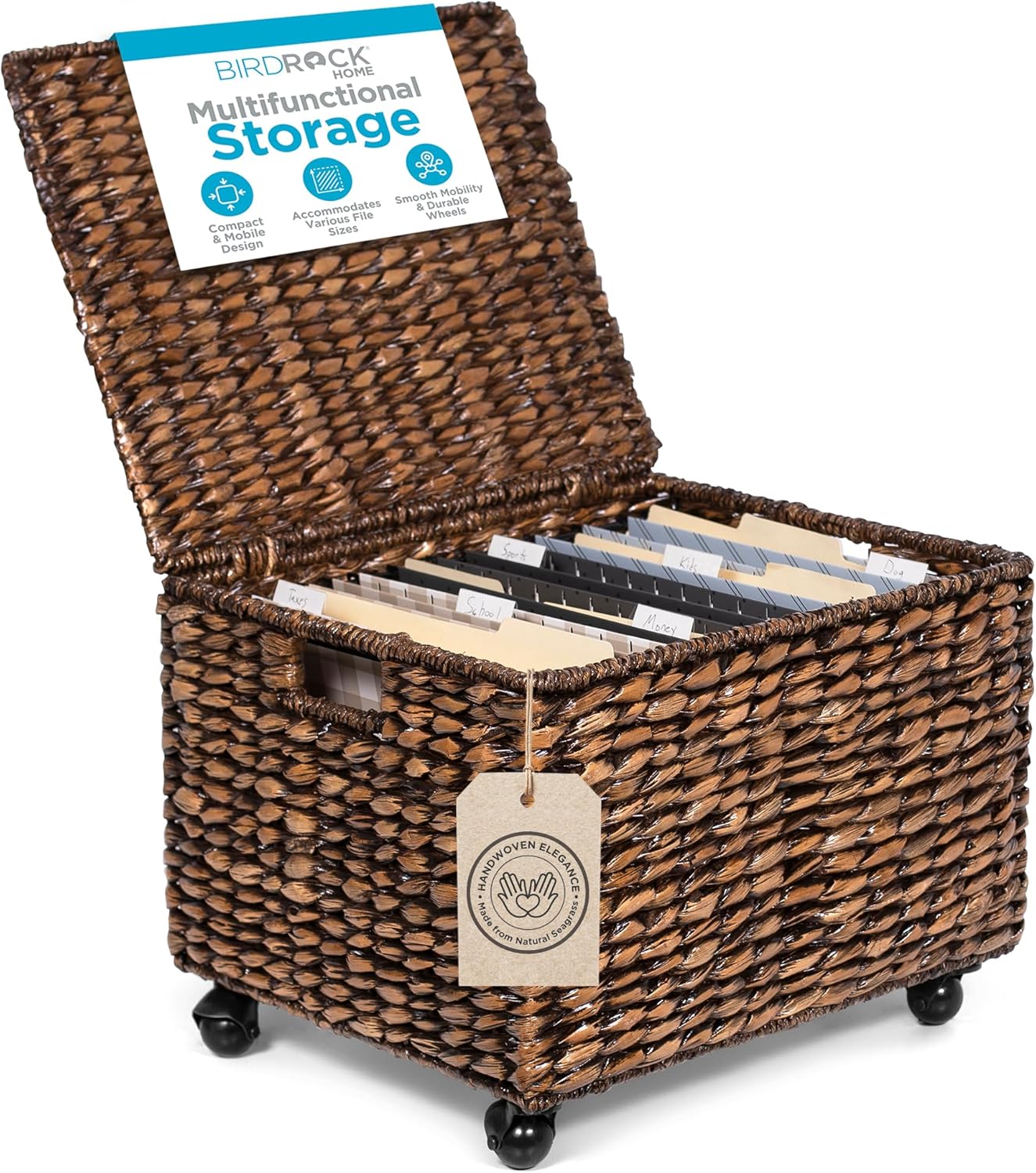 BIRDROCK HOME Rolling File Cabinet with Lid | Small Wooden Under Desk Organizer | Seagrass Basket with Wheels | Portable Home Office Filing System - Mini Decorative Box, Single Drawer, Brown Wash