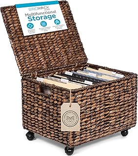 BIRDROCK HOME Rolling File Cabinet with Lid | Small Wooden Under Desk Organizer | Seagrass Basket with Wheels | Portable Home Office Filing System - Mini Decorative Box, Single Drawer, Brown Wash