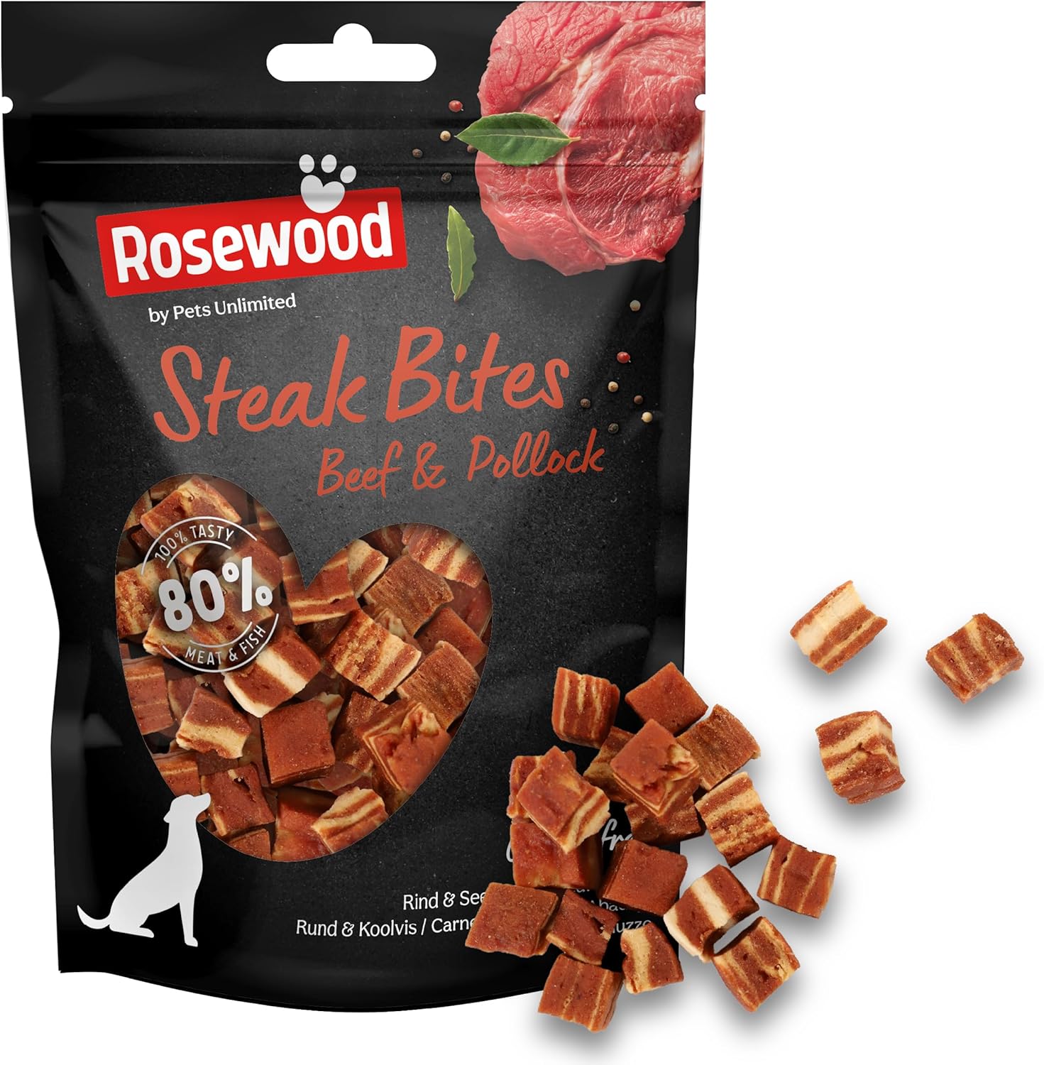 Rosewood Steak Bites for Dogs - Made with Beef and Pollock, Grain Free Chews, High Protein, Bite-Sized Dog Treats, By Pets Unlimited (100g)