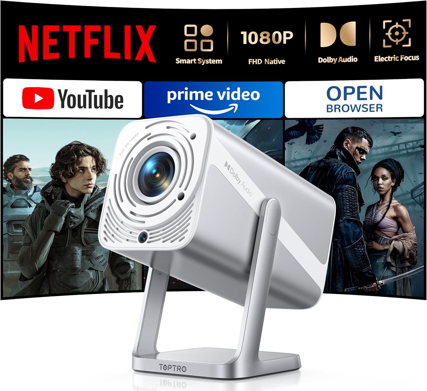 Projector【NetfIix Officially & DoIby Audio】Portable Smart Projector FHD 1080P 4K Supported, Two-Way Bluetooth WiFi 6, 50% Zoom 360° Rotatable Short Throw Home Movie Projectors for Bedroom, Outdoor, RV