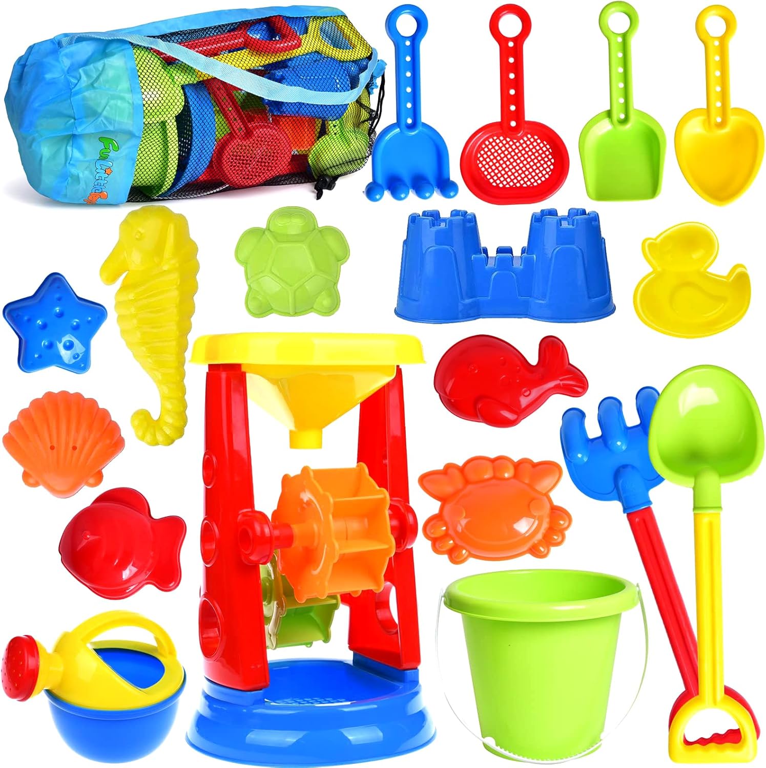 Beach Toys, 19 Piece Sand Toys Set Kids Sandbox Toys Includes Water Wheel Beach Tool Kit Bucket Watering Can Molds with Mesh Bag for Kids Ages 3-13
