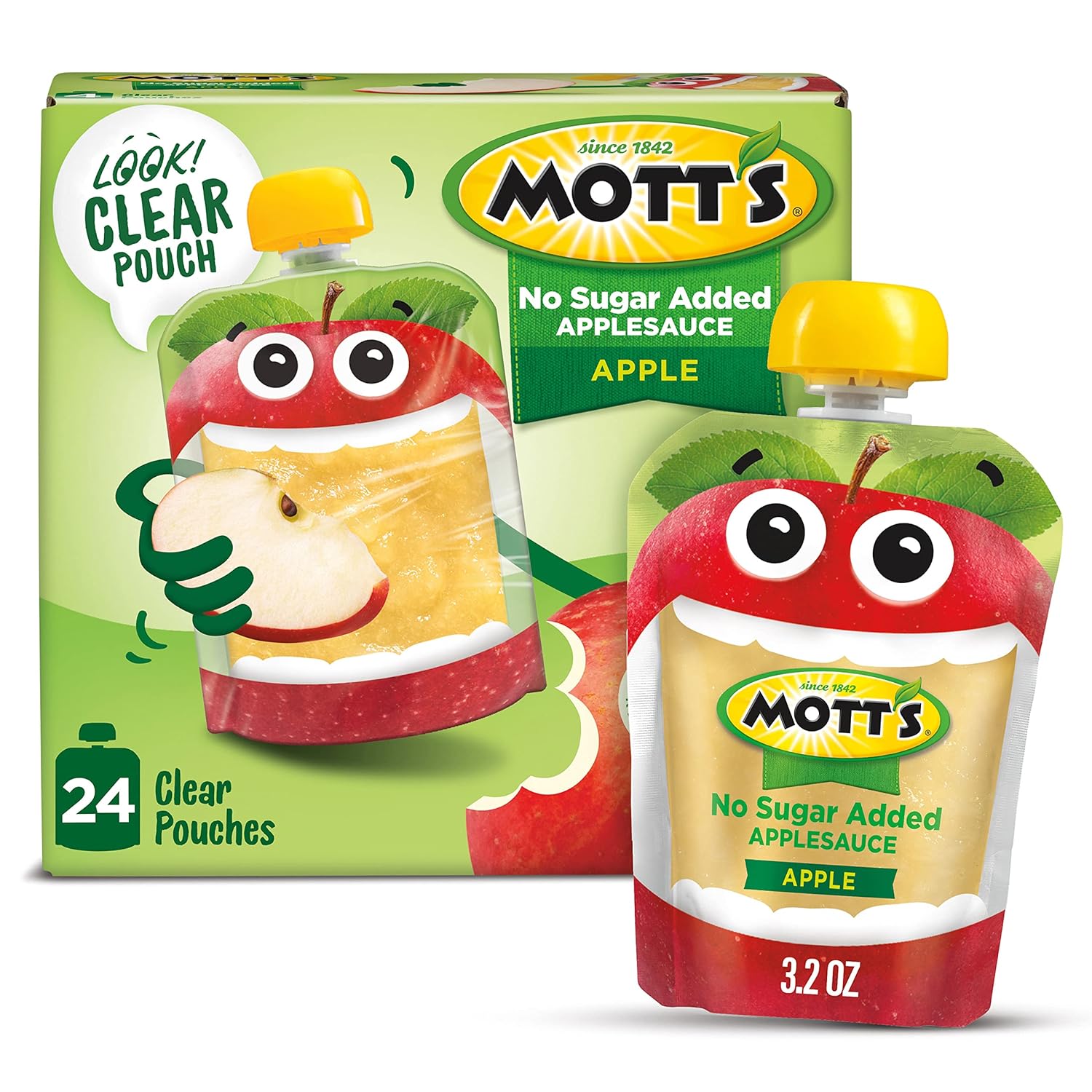 Mott's No Sugar Added Applesauce, 3.2 Oz Clear Pouches, 24 Count (6 Packs Of 4), Good Source Of Vitamin C, No Artificial Flavors