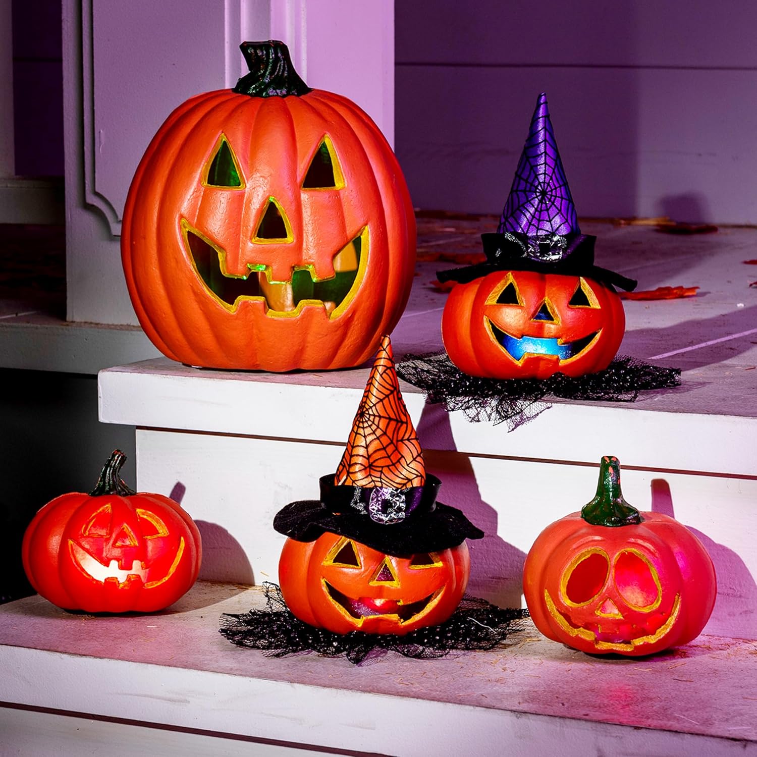 JOYIN 5 Pcs Light Up Halloween Pumpkin Decor Jack O Lantern Decorations Outdoor Indoor, Plastic Large Trick Or Treat Table Top Party Supplies Favors
