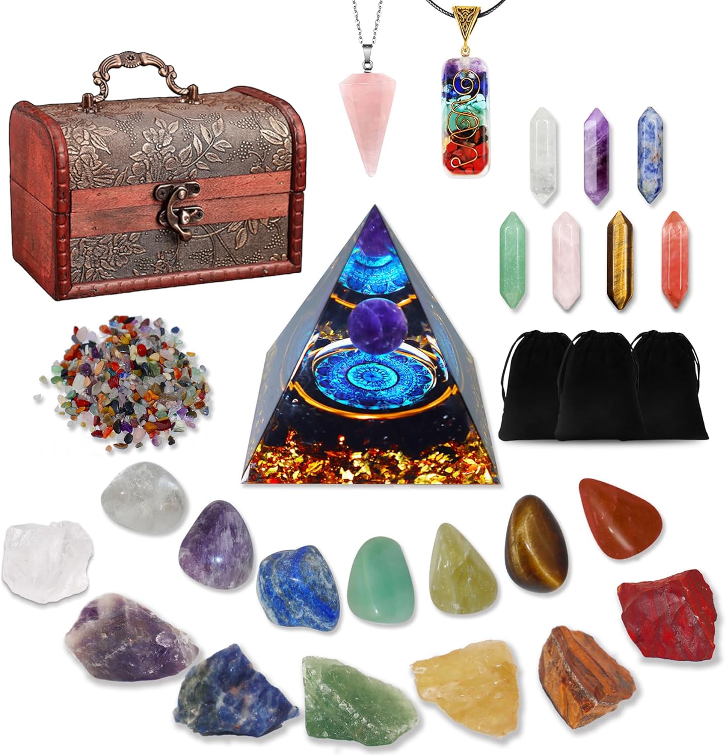 29pcs Healing Crystals Set, Crystals and Gemstones Set 7raw Chakra and 7tumbled Stones, 7bullet Shaped Chakra Stones, 2crystal Necklace, Crystal Pyramid, Crystals and Gemstones,Crystal Gifts