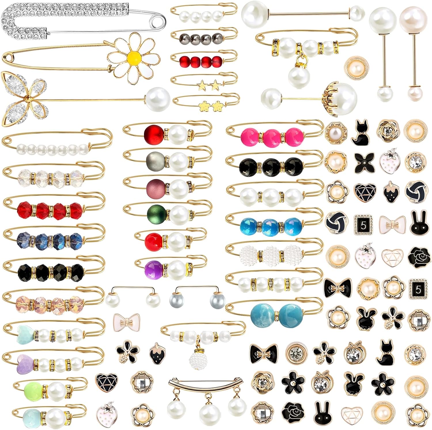 100Pcs Charms for Socks,Safety Pin Brooch Junk Socks Charms Brooches and Pins for Women,Pearl Rhinestone Brooch Pins Costom Shoe Sock Charms Kit Bulk for Hat Clothes