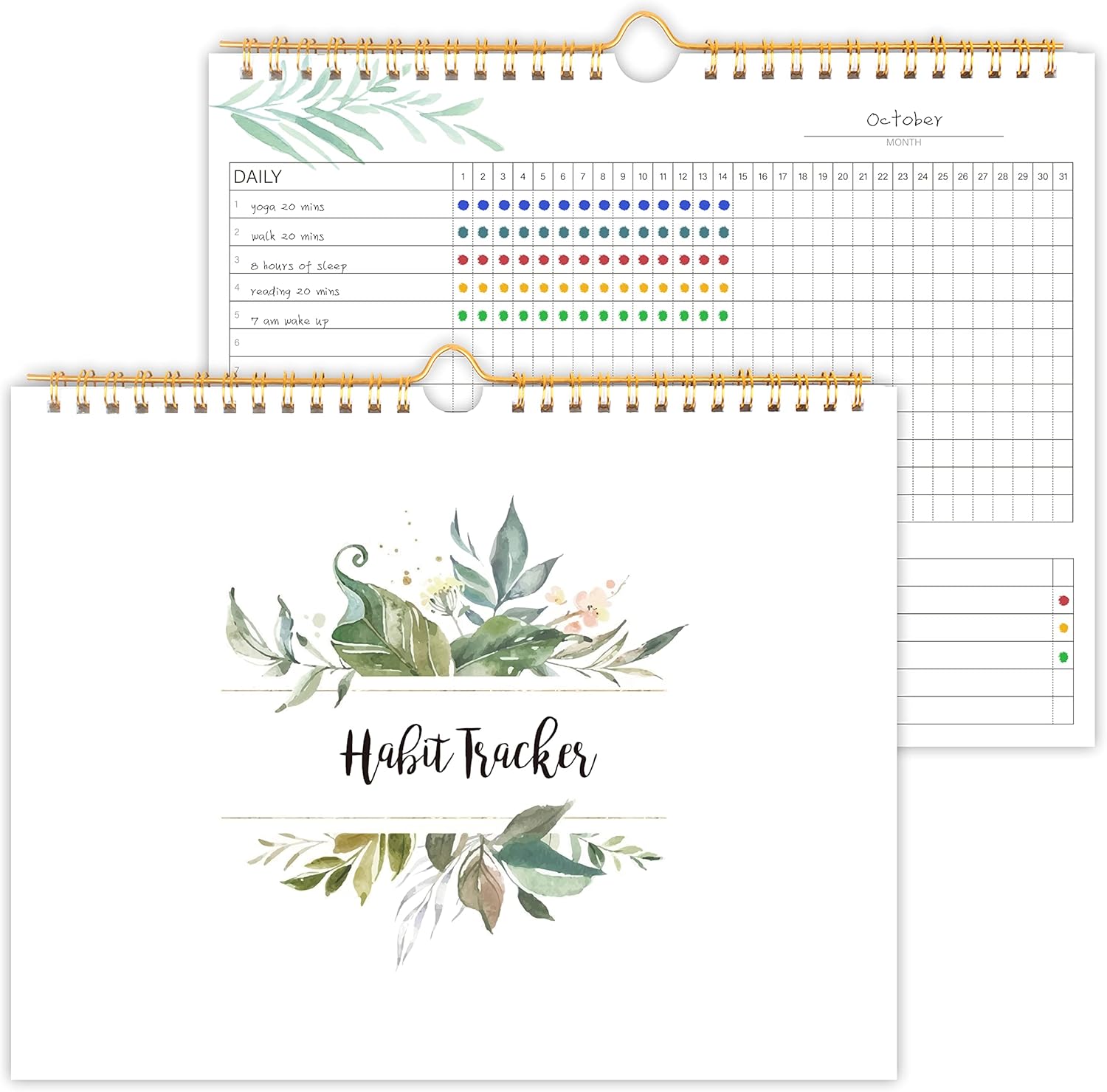 Habit Tracker Calendar- 12 Months Undated Daily Weekly & Monthly Period Habit Tracker Journal, Greenery Floral, Spiral Binding with Writable Goals Habits Track and Self Care Office Supplies. 8"x10"