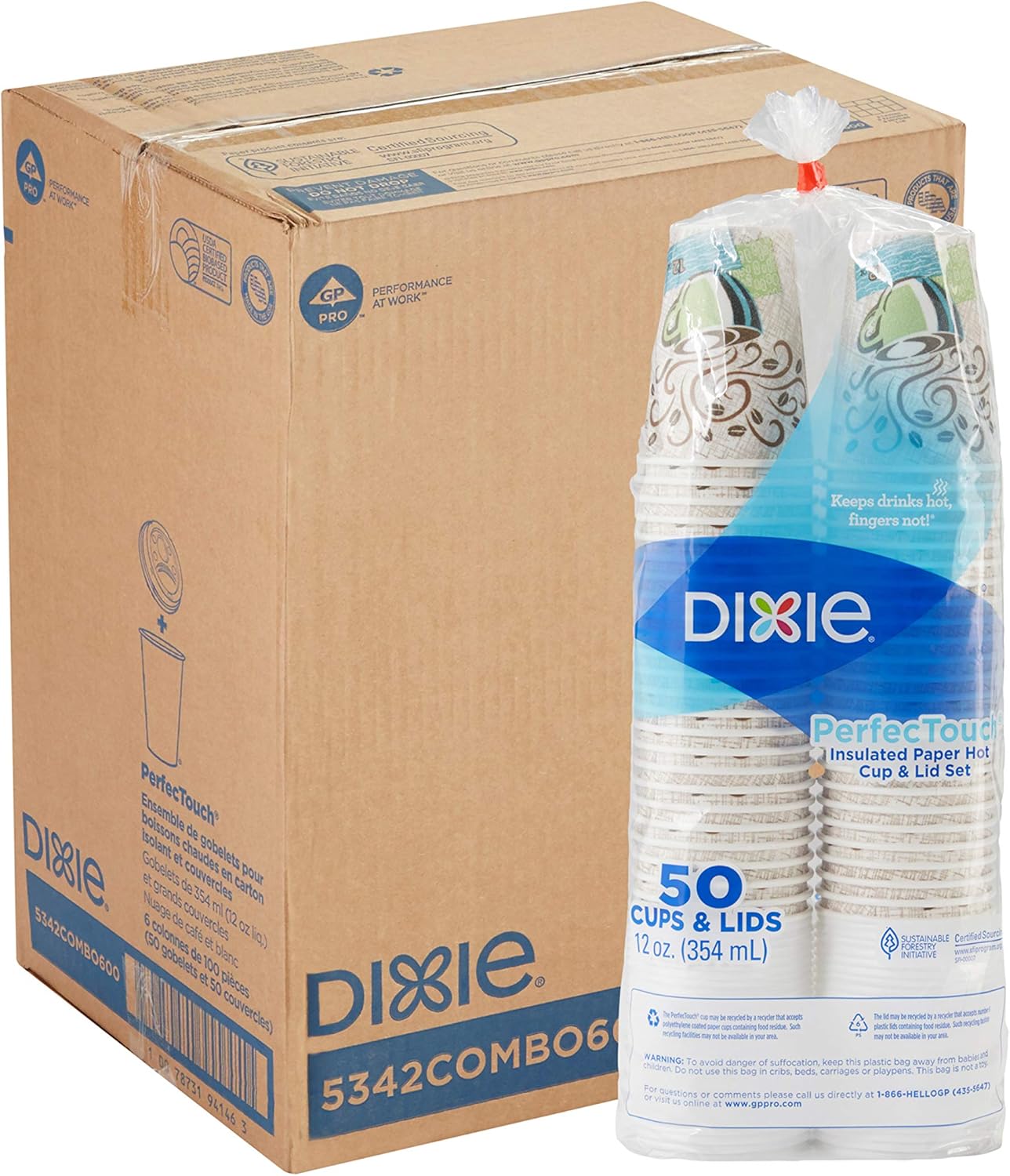 Dixie PerfecTouch 12 oz. Insulated Paper Hot Coffee Cup and Lid Set by GP PRO (Georgia-Pacific) Coffee Haze and White, 5342COMBO600, 300 Cups and 300 Lids (50 Cups and Lids Per Pack, 6 Packs Per Case)