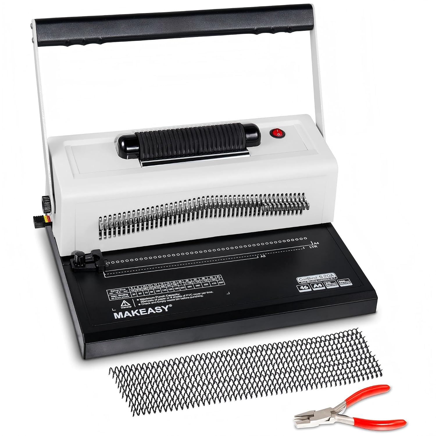 MAKEASY Spiral Coil Binding Machine with 46 Fully Disengaging Pins - 4:1 Pitch - Electric Coil Inserter - Adjustable Side Margin, Comes with Free 1 Box Coil Spines & Plier, 20 Sheet Punch Capacity