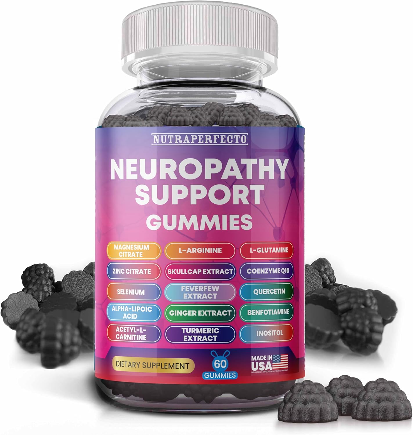 Sugar Free Neuropathy Support Gummies for Nerve – Enhanced Nerve Health, Regeneration, Cognitive Support with Vitamin B1, B6, B12, Magnesium, ALA, Turmeric, CoQ10 & More