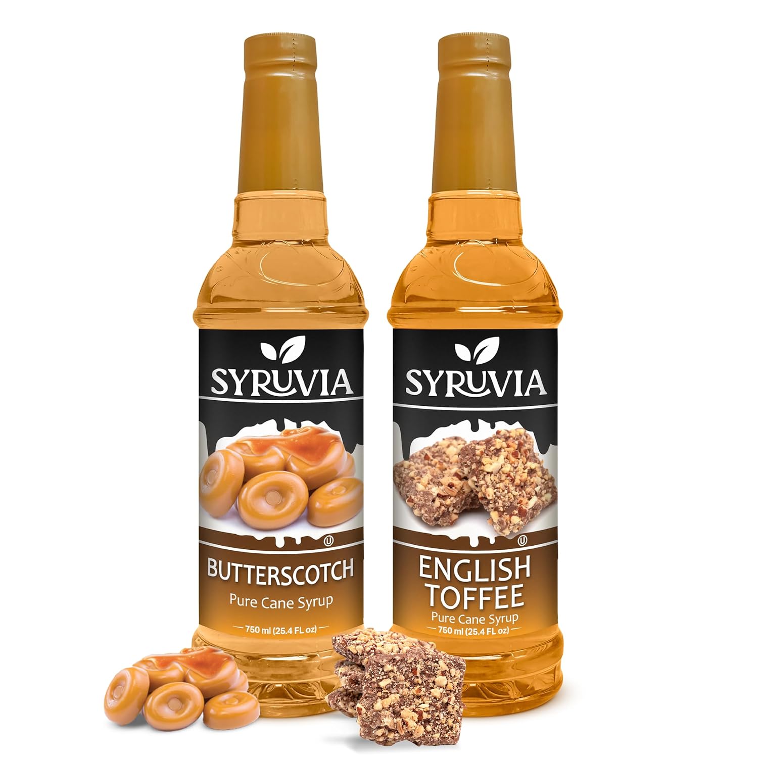 Syruvia Butterscotch & English Toffee Coffee Syrup - 25.4 fl oz Premium Coffee Flavoring Syrup. No Coloring, Kosher, and Gluten-Free. Perfect for Drinks, Sodas, Shakes, Desserts, & More.
