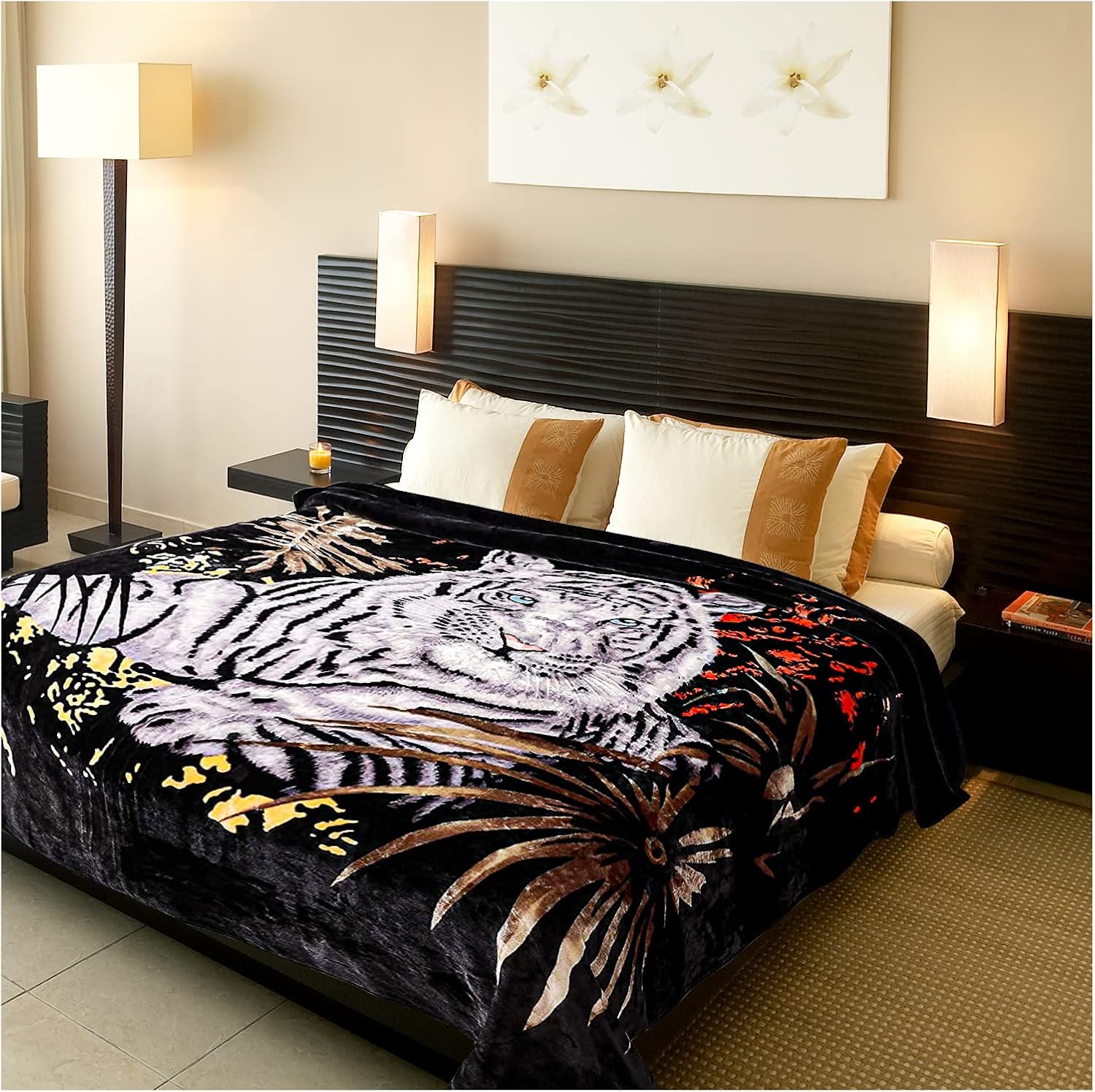 Hiyoko 5.3 lbs White Tiger Blanket Queen Size Heavy Thick Warm for Family and Friends - Korean Mink Blanket (75" x 90"), San Marcos Mexican Blankets