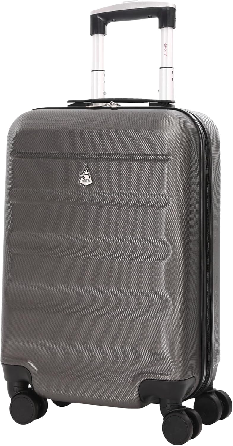 Aerolite Lightweight 55cm Hard Shell 34L Travel Carry On Hand Cabin Luggage Suitcase 4 Wheels, Approved for Ryanair Priority, British Airways, Virgin Atlantic, 5 Year Warranty, Charcoal