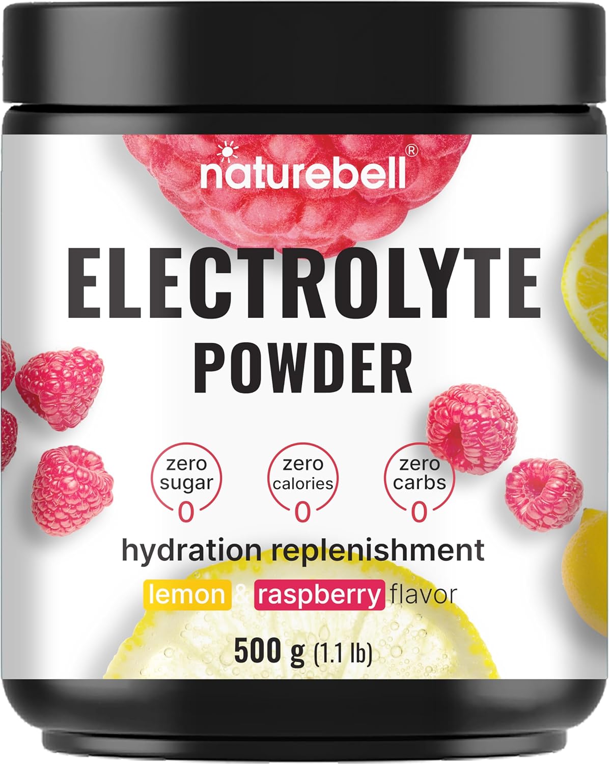 Naturebell Electrolytes Powder No Sugar, 500g (76 Servings) | Keto Fast Hydration Formula | 1,000mg Potassium + Trace Minerals & Coconut Water | Raspberry Lemonade Flavor | Carnivore Friendly