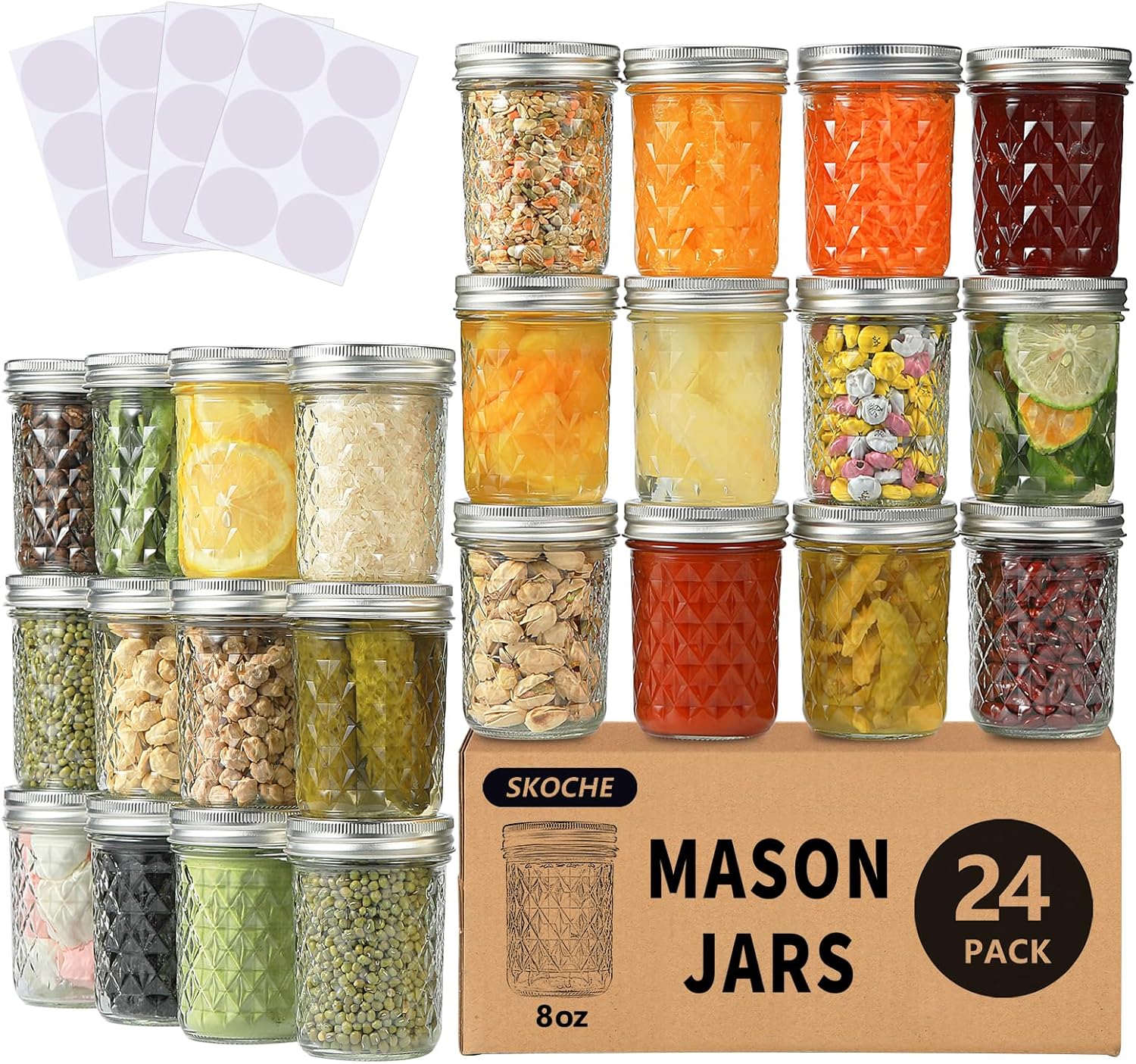 Mason Jars 8 oz 24 Pack Half Pint Canning Jars with Regular Airtight Lids and Bands, Small 8 oz Glass Jars with Lids, Ideal for Fermenting, Pickling, DIY Decors, Fruit Preserves, Jam, Jelly