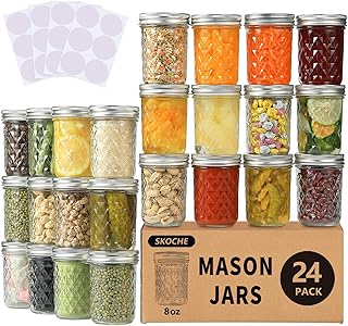Mason Jars 8 oz 24 Pack Half Pint Canning Jars with Regular Airtight Lids and Bands, Small 8 oz Glass Jars with Lids, Ideal for Fermenting, Pickling, DIY Decors, Fruit Preserves, Jam, Jelly