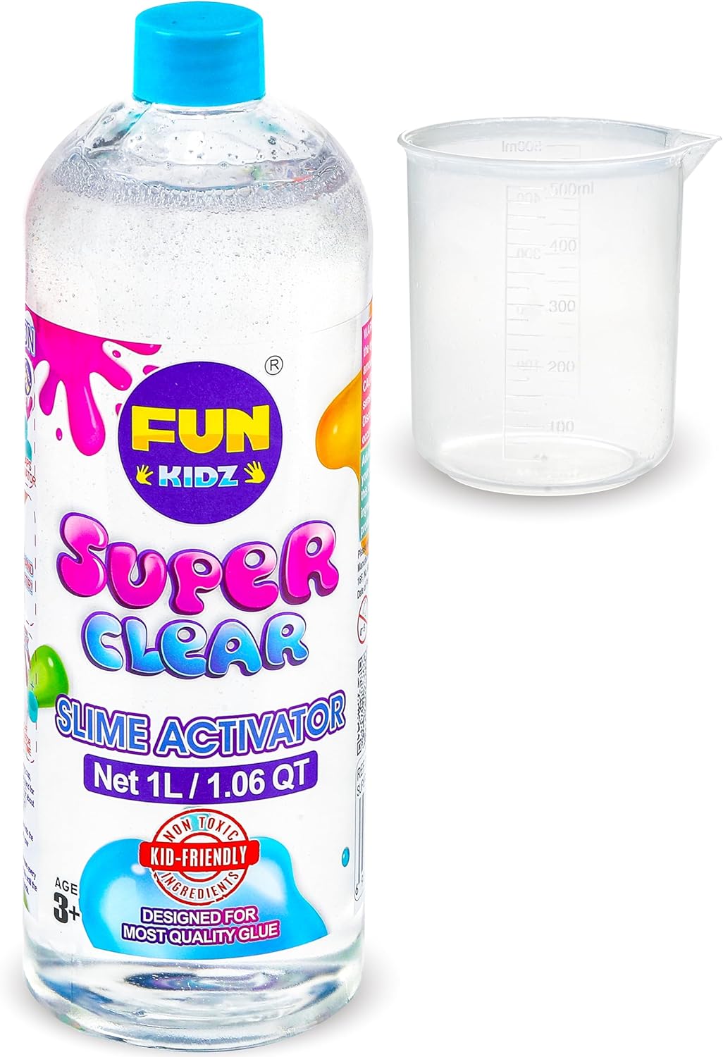 1.06QT Super Clear Slime Activator 34OZ Solution with Plastic Measuring Cup, FunKidz 1L Fine Formulation Work with All Types Slime Glue Washable Non-Toxic Kids Friendly Ingredients