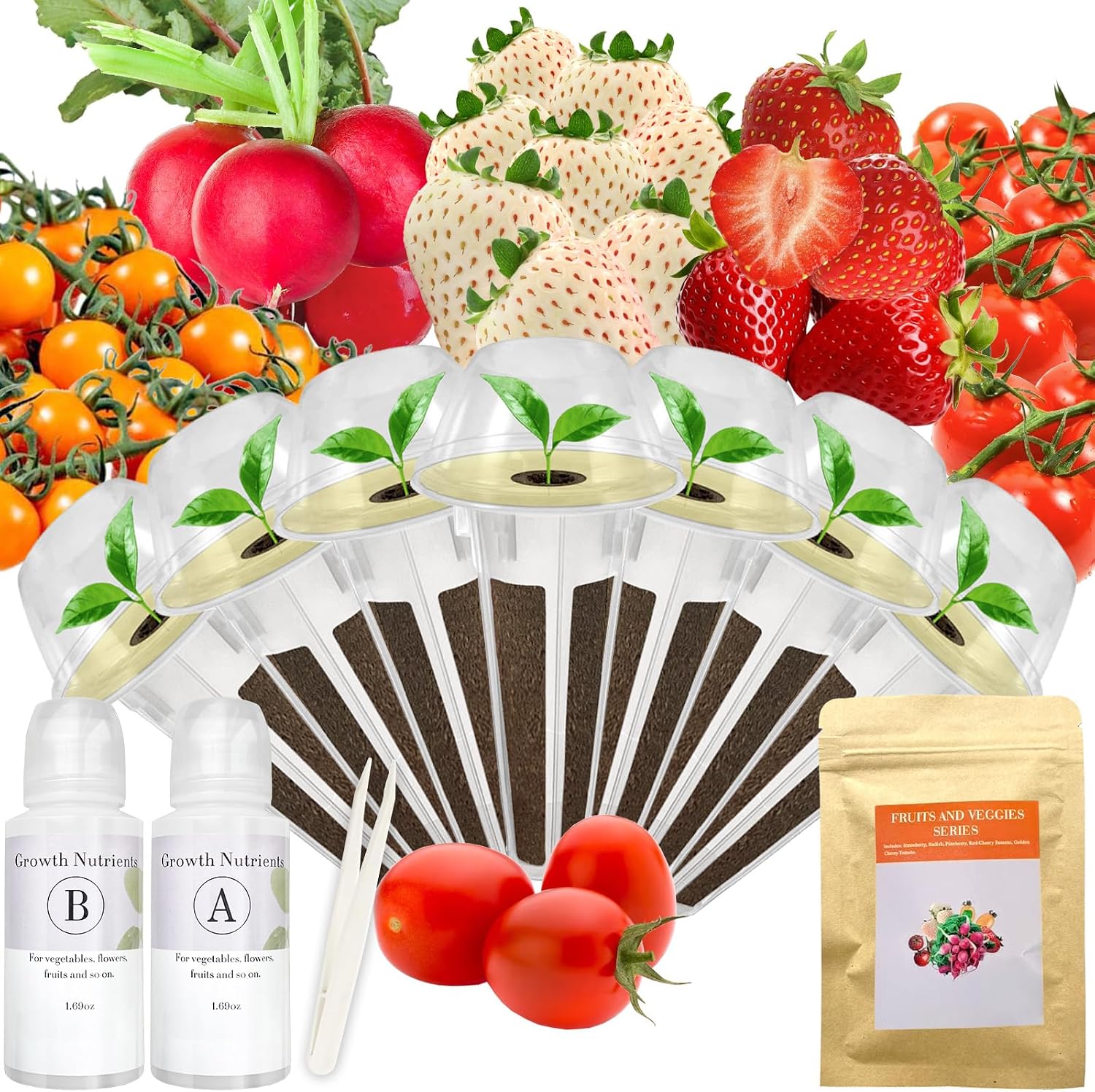 Red Strawberry and Pineberry Seed Pod Kit for AeroGarden, idoo, Ahopegarden, MUFGA with Strawberry, Pineberry, Radish, Red/Golden Harvest Cherry Tomato - Compatible with All Hydroponics (7-Pod)