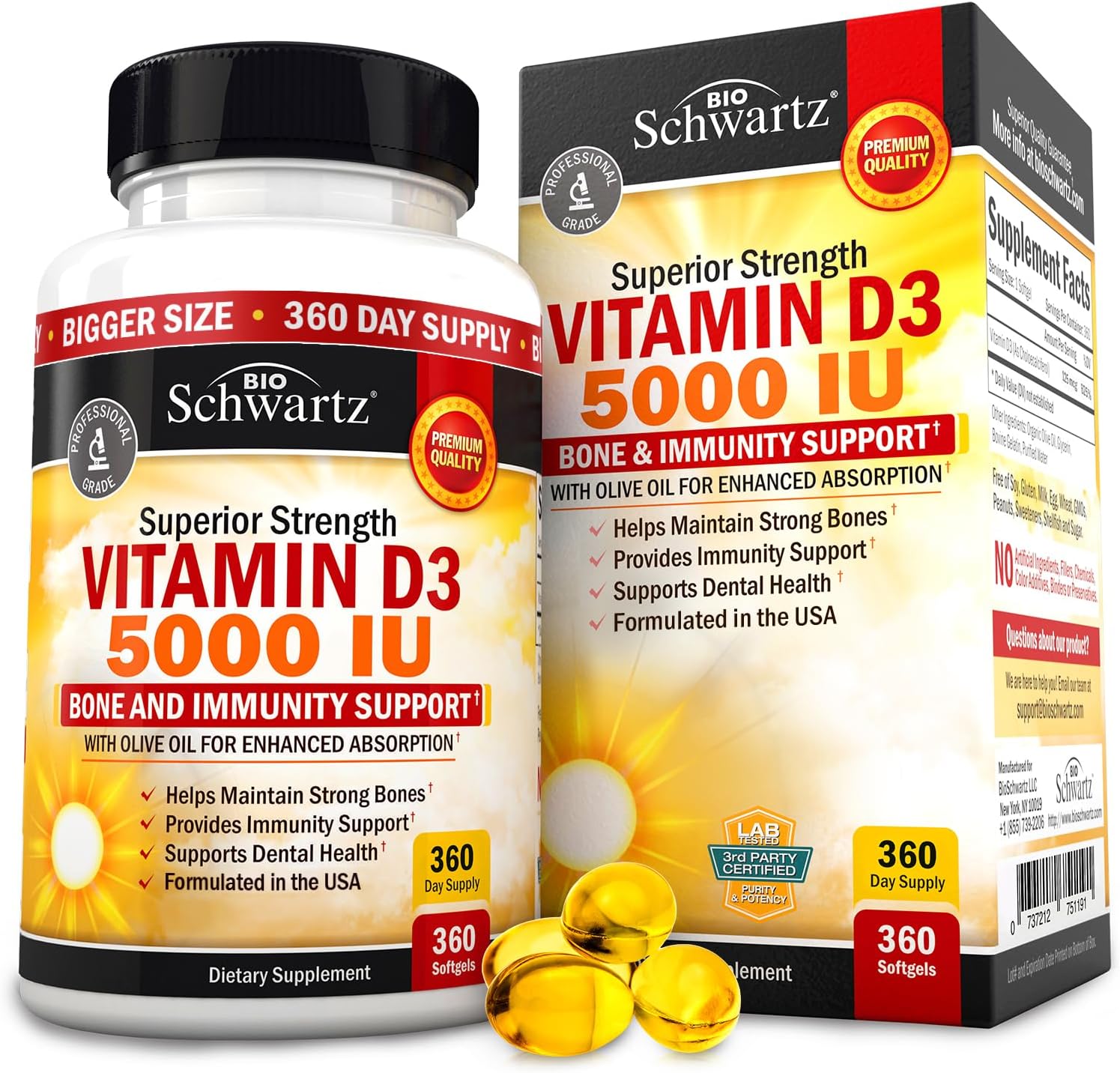 Vitamin D3 5000 IU (125 mcg) Natural Immune Support Supplement, Bone Strength, Healthy Muscle Function, with Olive Oil for Highest Absorption, Gluten Free & Non-GMO, 1 Year Supply, 360 Softgels