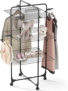 APEXCHASER Clothes Drying Rack, 3-Tier Collapsible Laundry Rack Stand Garment Drying Station with Wheels and 4 Hooks, Indoor-Outdoor Use, for for Bed Linen, Clothing, Socks, Black