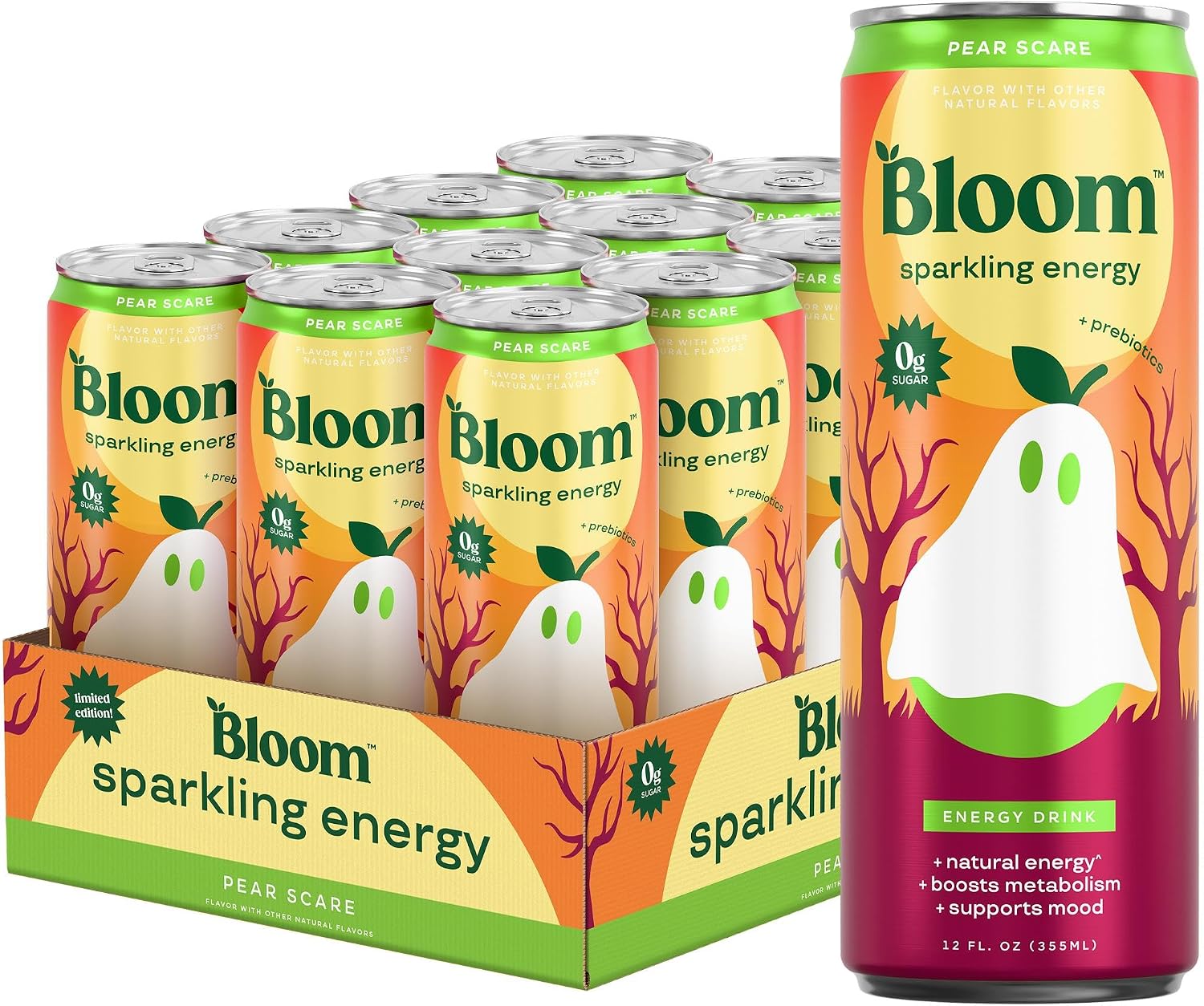 Bloom Nutrition Pear Scare Sparkling Energy Drink, 12oz 12 Pack | Pear Scare flavor with 180mg natural caffeine, prebiotics, green tea extract & lychee for energy and focus.