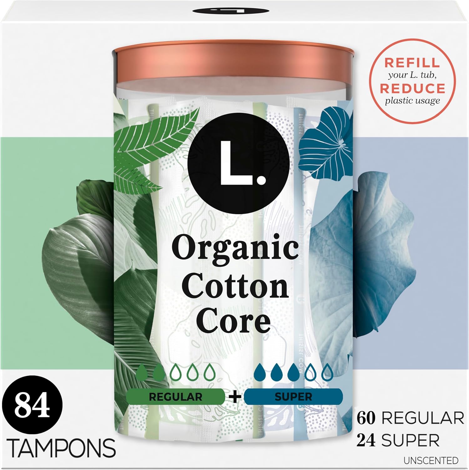 L. Cotton Tampons Regular/Super Absorbency Multipack, Contains an Organic Cotton Core, Made Without Synthetic Pesticides, or Fragrances 84 Count (Packaging May Vary)