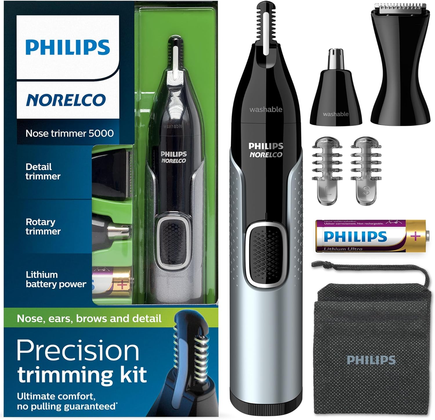 Philips Norelco Nose Trimmer 5000, For Nose, Ears, Eyebrows, Black and Silver, NT5600/42