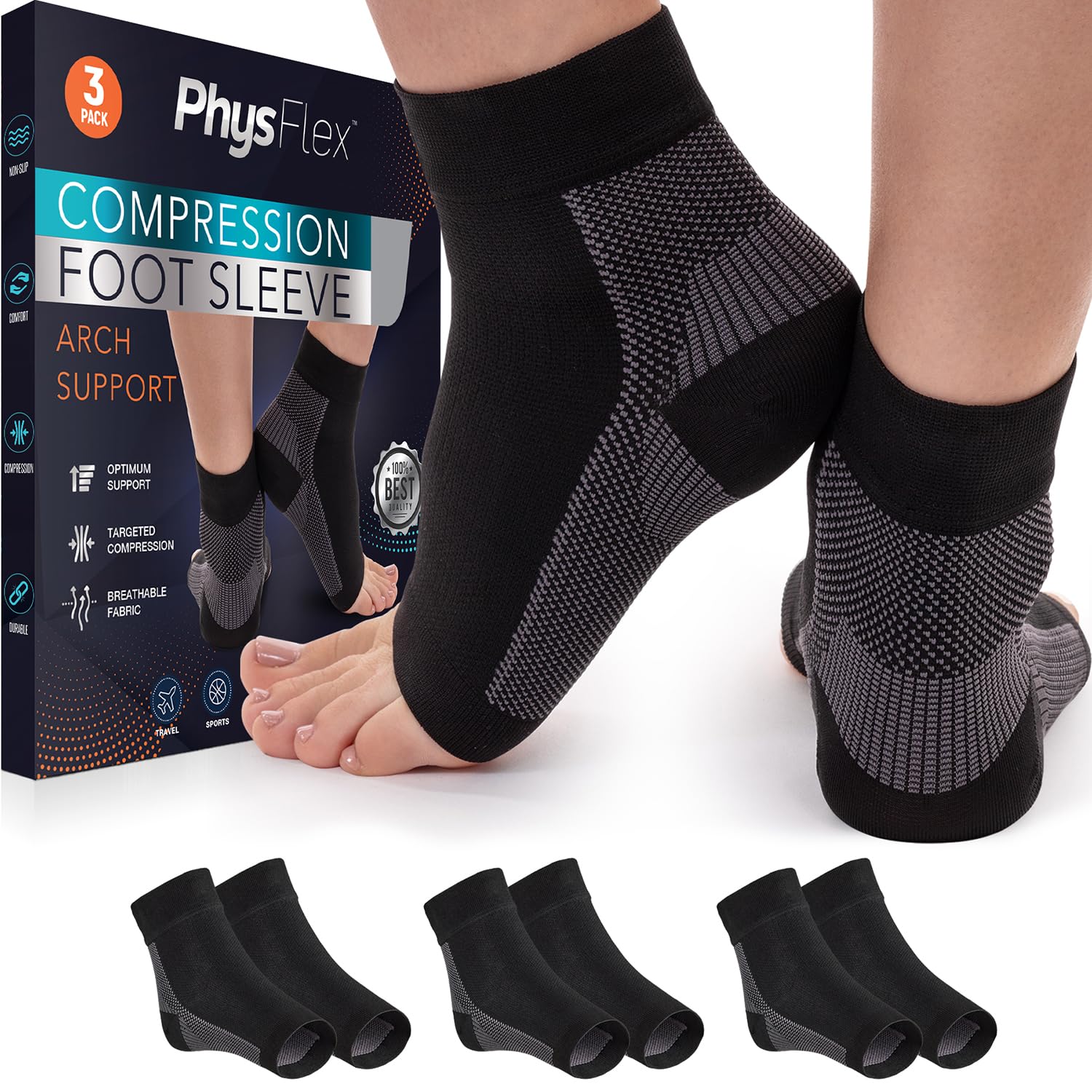 Compression Socks for Plantar Fasciitis, Achilles Tendonitis Relief - (3 Pairs) Ankle Compression Sleeve for Heel Spurs, Foot Swelling & Fatigue - Arch Support Brace for Everyday Use