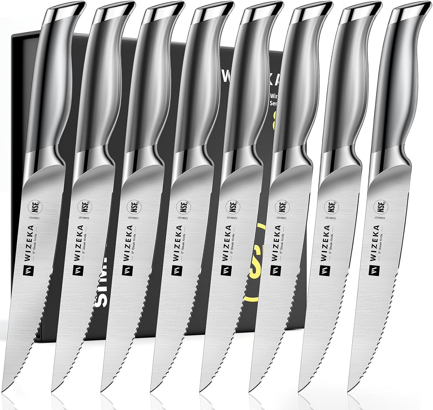 Steak Knives Set of 8, German Stainless Steel 5 Inches Serrated Straight Edge Steak Knife Set, One Piece Design Knife Set of Steak with Box, Silver Wings Series