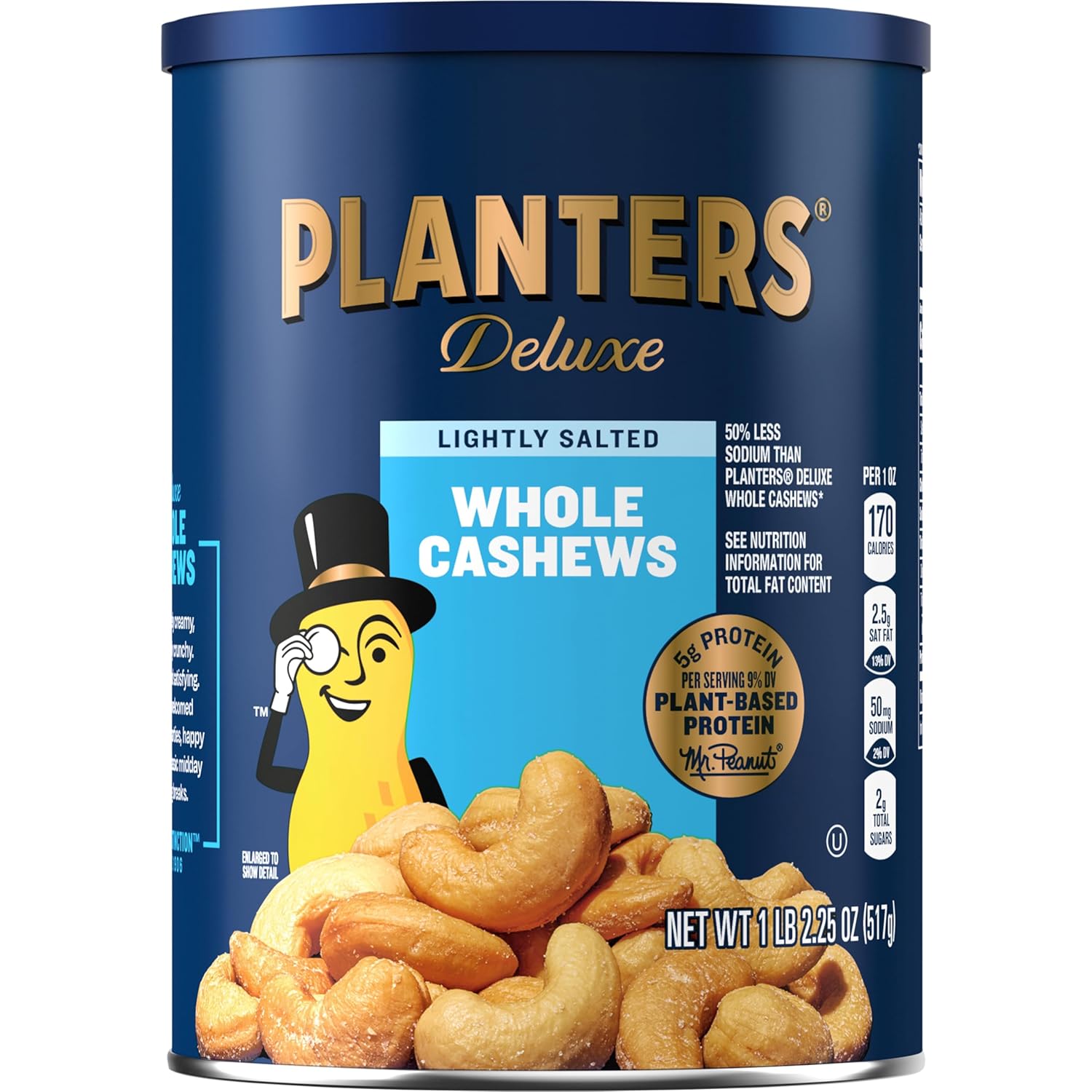 PLANTERS Deluxe Lightly Salted Cashews, Party Snacks, Plant-Based Protein, Quick Snack for Adults, After School Snack, Flavored with Sea Salt, Kosher, 1lb 2.25oz