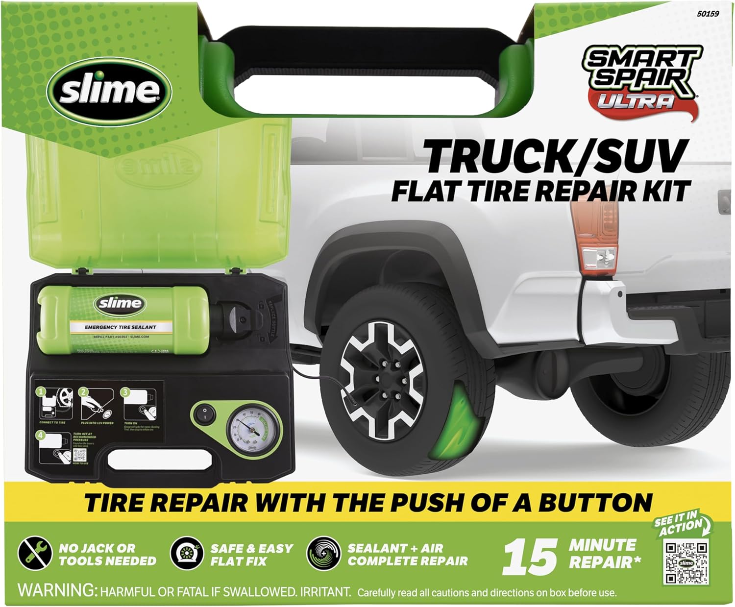 Slime 50159 Flat Tire Repair Kit, Smart Spair Ultra, All-in-one Solution, Repairs and Inflates, Truck/SUV, 15 Min Fix