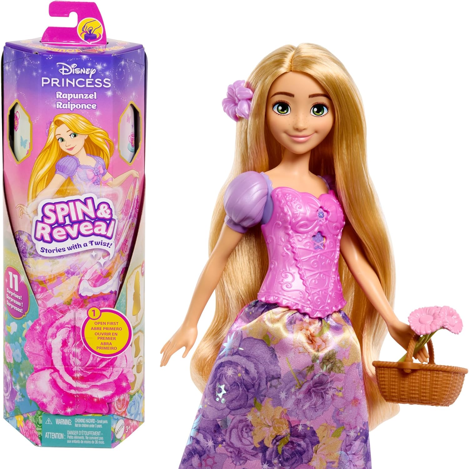Mattel Disney Princess Rapunzel Fashion Doll Set, Spin & Reveal with 11 Surprises Including 5 Accessories, 5 Stickers & Play Scene, Inspired by Movie, HTV86
