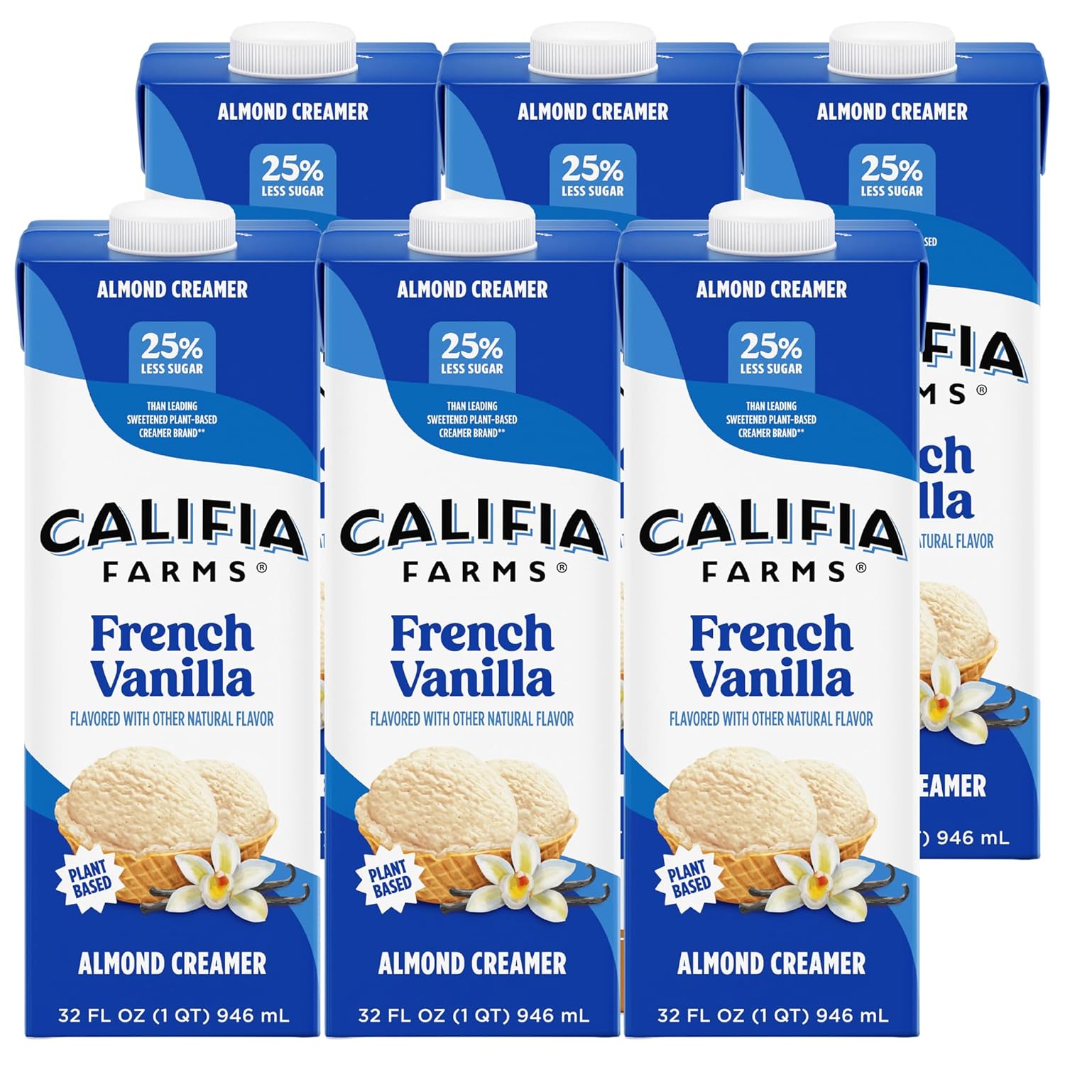 Califia Farms - French Vanilla Almond Milk Coffee Creamer, 32 Oz (Pack of 6), Shelf Stable, Dairy Free, Plant Based, Vegan, Gluten Free, Non GMO, Almond Creamer