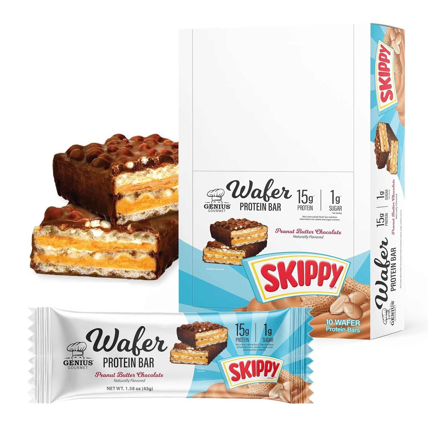 Genius Gourmet SKIPPY® Peanut Butter Chocolate Flavored Wafer Protein Bars,15g Protein per serving (30% DV), 1g Sugar, Chocolatey Snack Bar – 10 Count