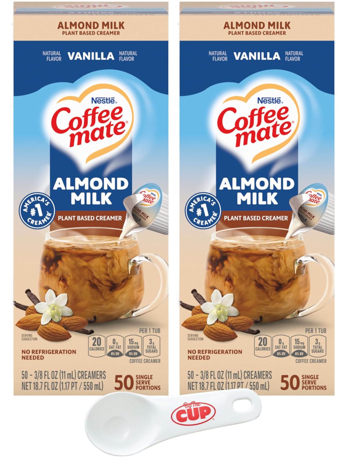 Nestle Coffee mate Plant Based Liquid Coffee Creamer Singles, Vanilla Flavored Almond Milk, 50 Ct Box (Pack of 2) with By The Cup Coffee Scoop