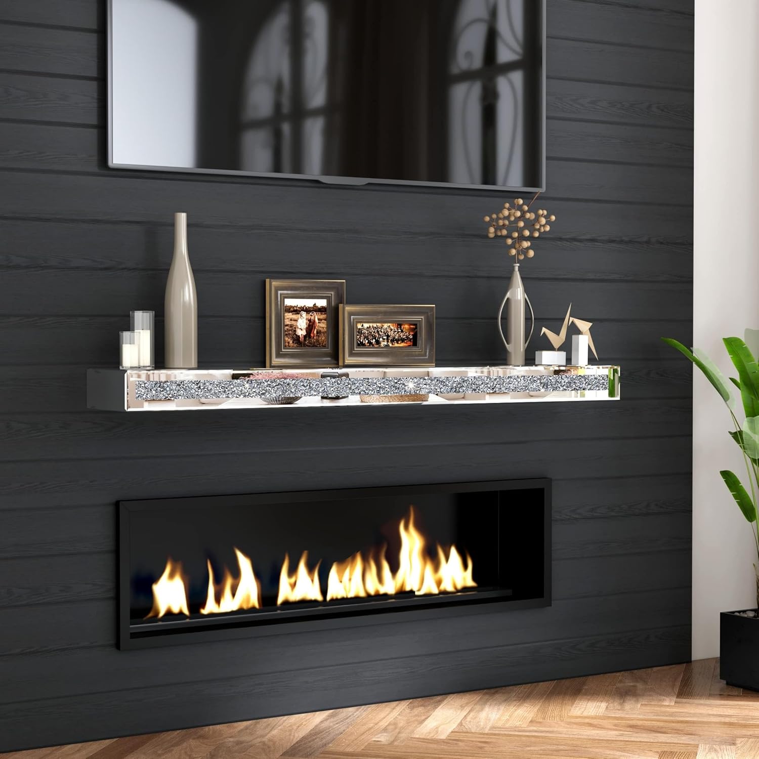blingworld Silver Crystal Glass Floating Fireplace Mantel Shelf 120cm Mirrored Wall Shelf with Sparkling Diamond Inlay for Living Room or Bedroom