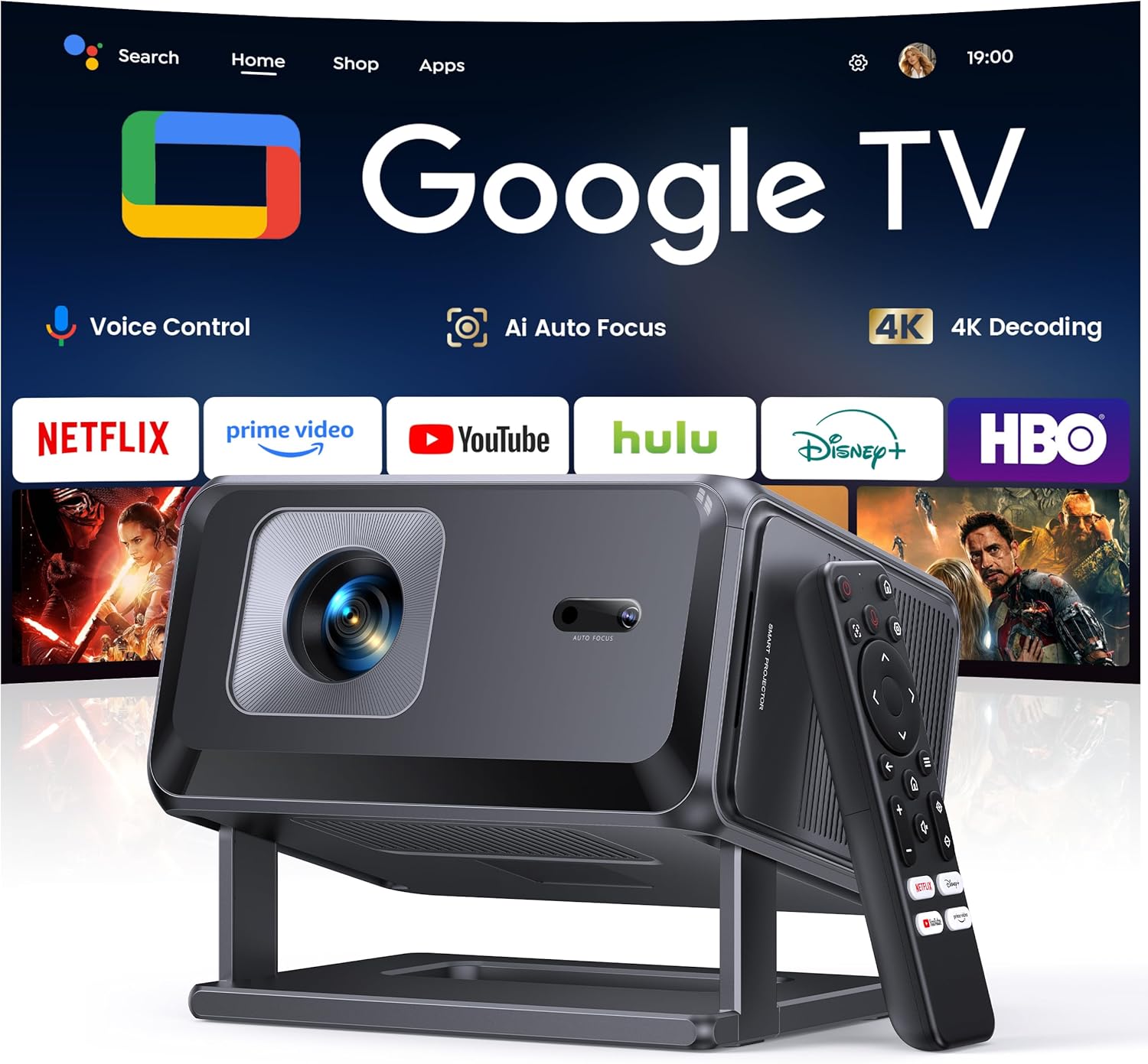 【Built-in Google TV】Smart 4K Projector for Home Cinema, Native 1080P Portable Short-Throw Projector with Apps, Auto Focus & 6D Keystone, WiFi 6 Bluetooth 5.3 Movies Projectors for Bedroom, Outdoor